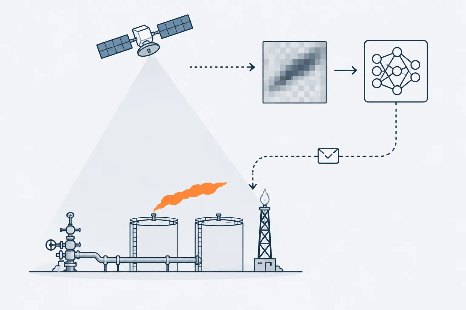 A satellite passes over an oil and gas site with an orange plume drifting from a storage tank; an image tile of the plume goes to a network box, which sends an alert envelope back to the site.