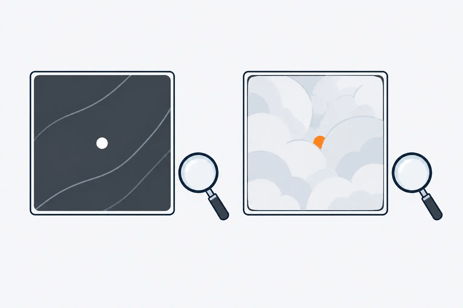 Two image tiles side by side: on the left a small bright spot stands out against dark tissue; on the right the same spot, in orange, is half hidden among pale cloud shapes of dense tissue.
