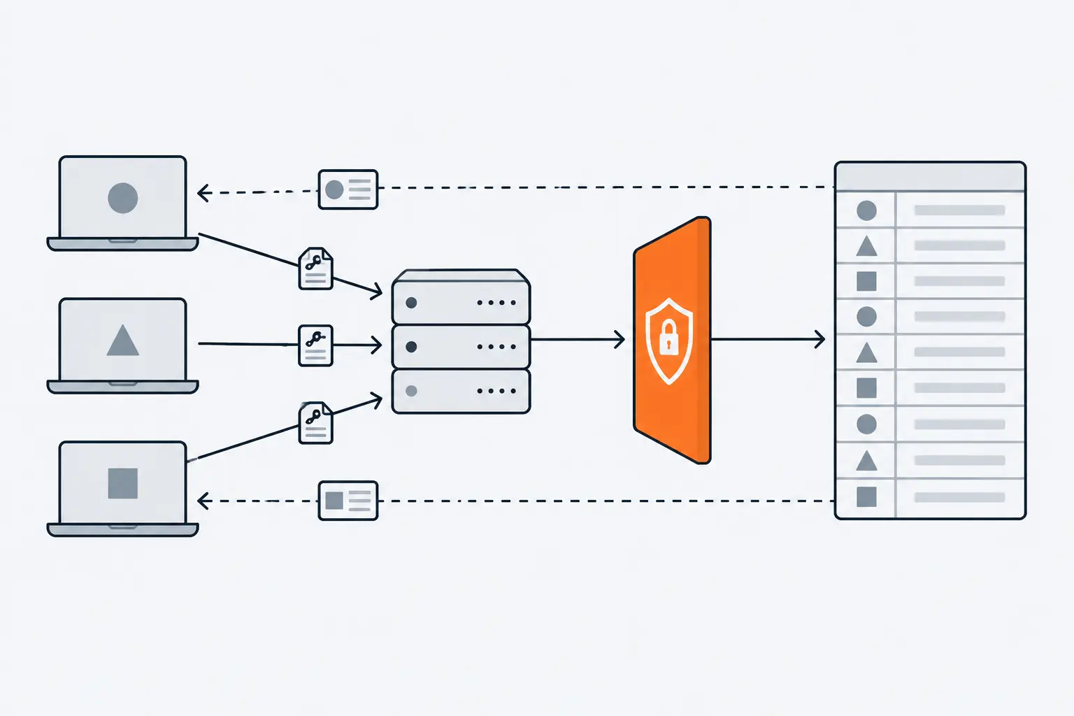 Three laptops marked with a circle, a triangle and a square send queries through a server and an orange gate to one shared table; returning rows reach only the laptop with the matching shape.