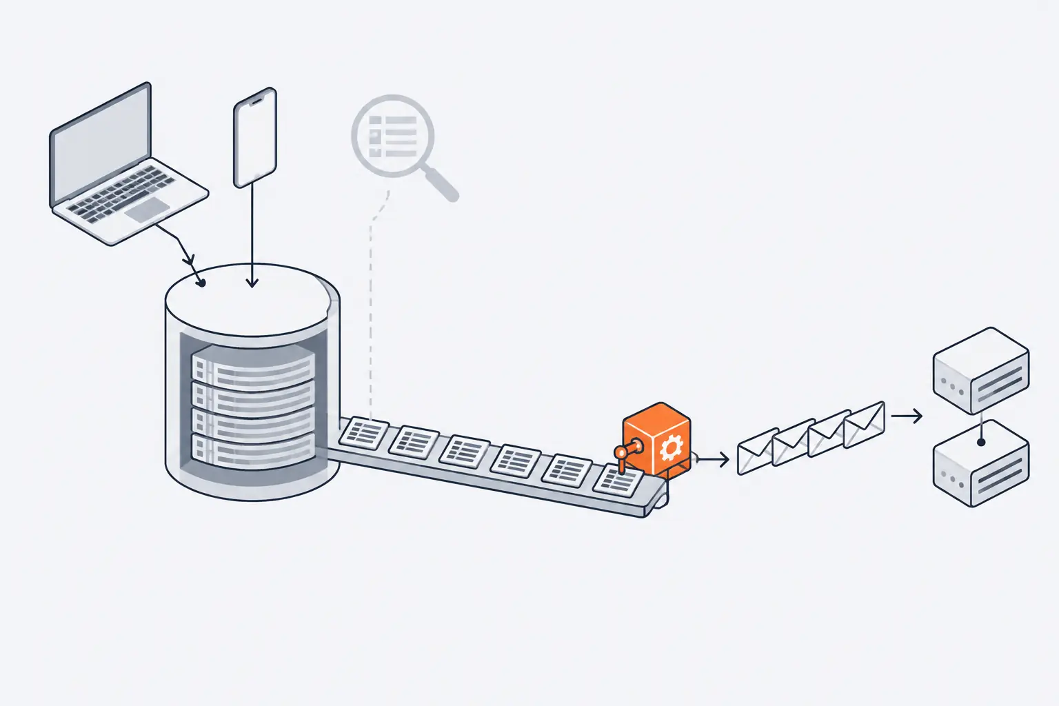 A cutaway database cylinder with its log running out as a long strip of small document boxes. An orange connector at the end of the strip reads the newest box and sends copies to a queue and two servers.