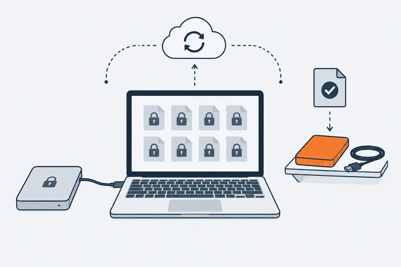 Ransomware has locked a laptop's files and the backup drive plugged into it, while an orange drive kept unplugged on a shelf still holds a clean copy, with a third copy in the cloud.
