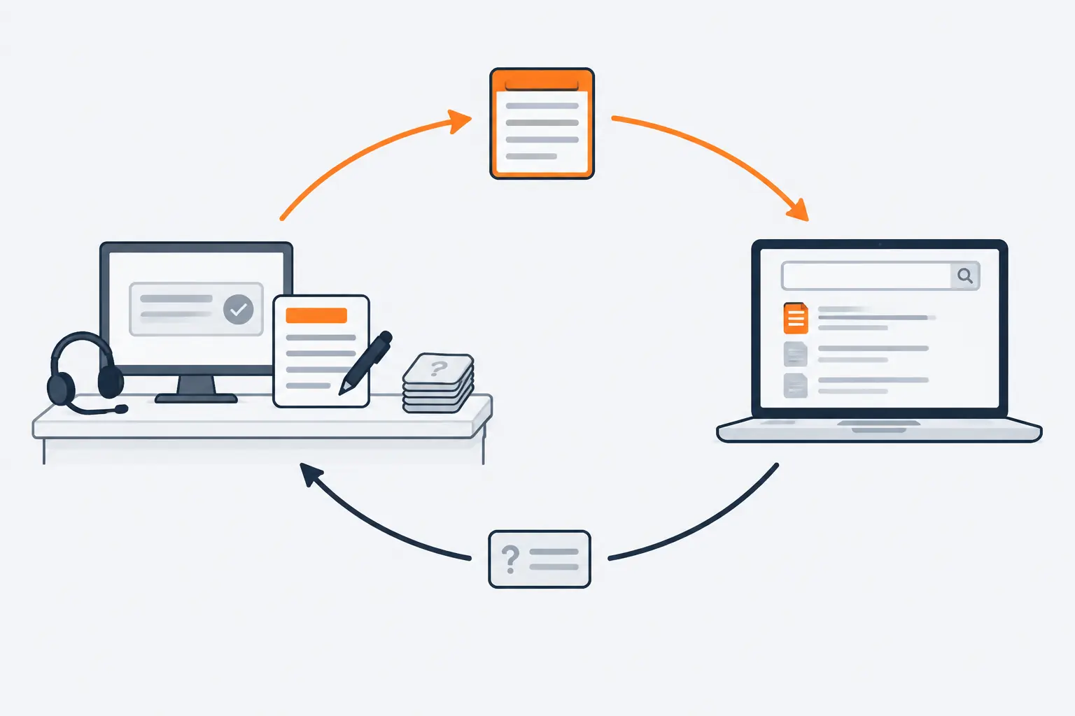 A loop of arrows turns a solved ticket at a headset desk into an orange knowledge article, which appears in a laptop's search results, and a smaller stream of tickets returns to the desk.