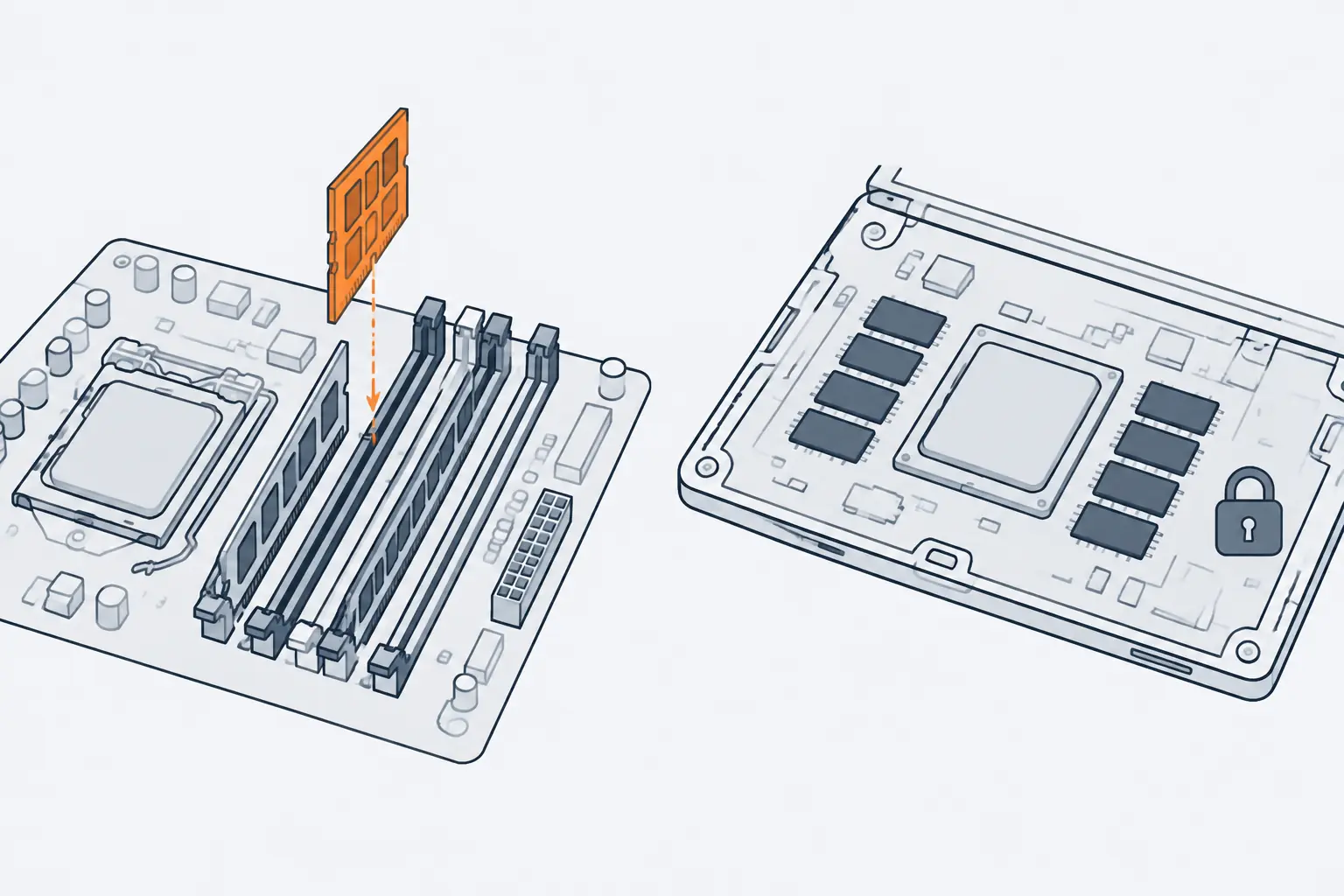 Left, a mainboard with two memory slots filled and two empty, and an orange module lowered into an empty slot. Right, a laptop board with memory chips soldered around the processor and no slots at all.