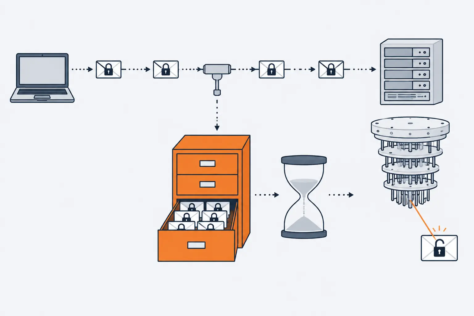 A laptop and a server exchange padlocked envelopes while a tap copies them into an orange storage cabinet; after an hourglass, a quantum computer opens a stored padlock.