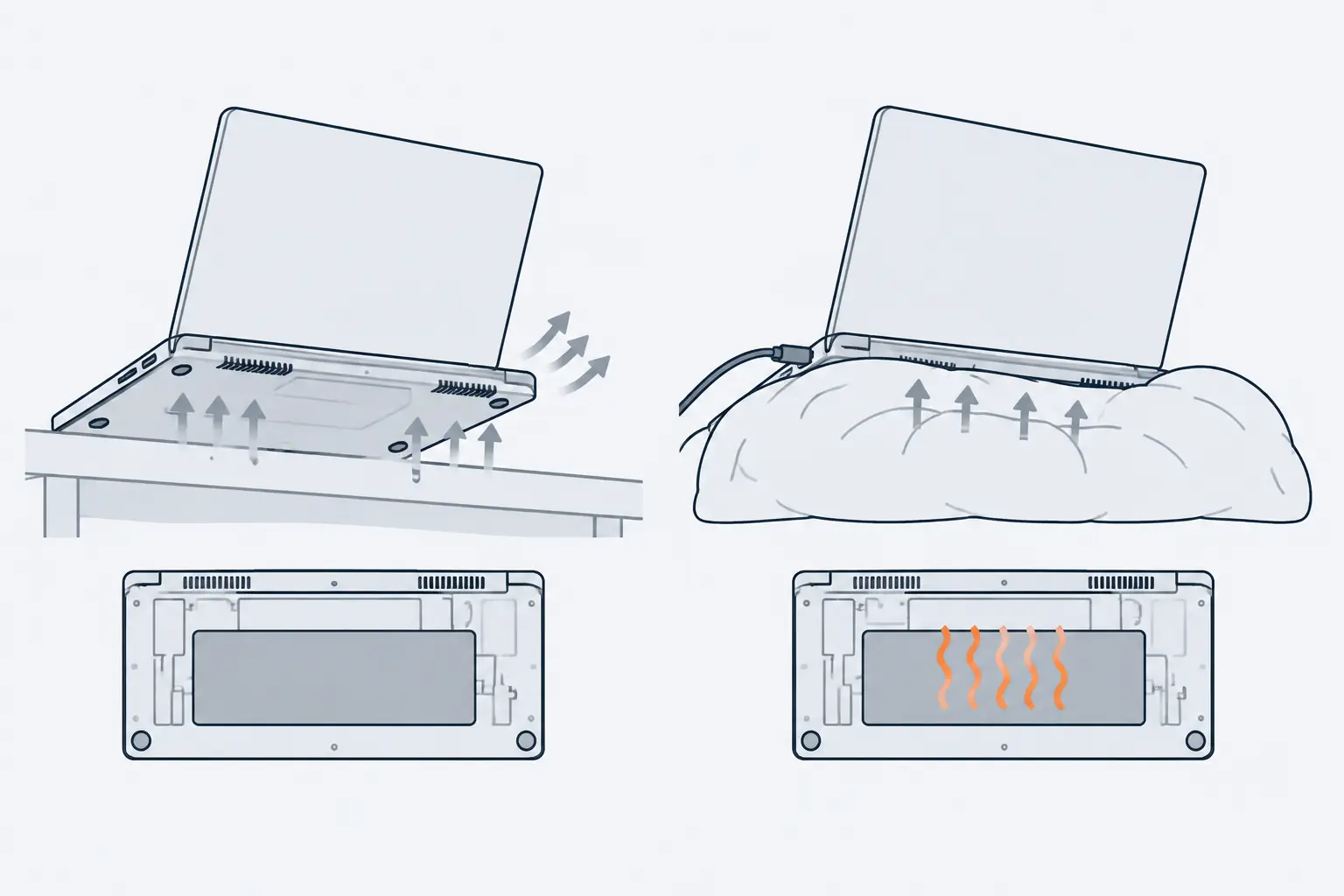 Two identical laptops, one on a hard desk and one sunk into a soft cushion. Cutaways below show the desk laptop's battery cool and the cushion laptop's battery giving off orange heat waves.