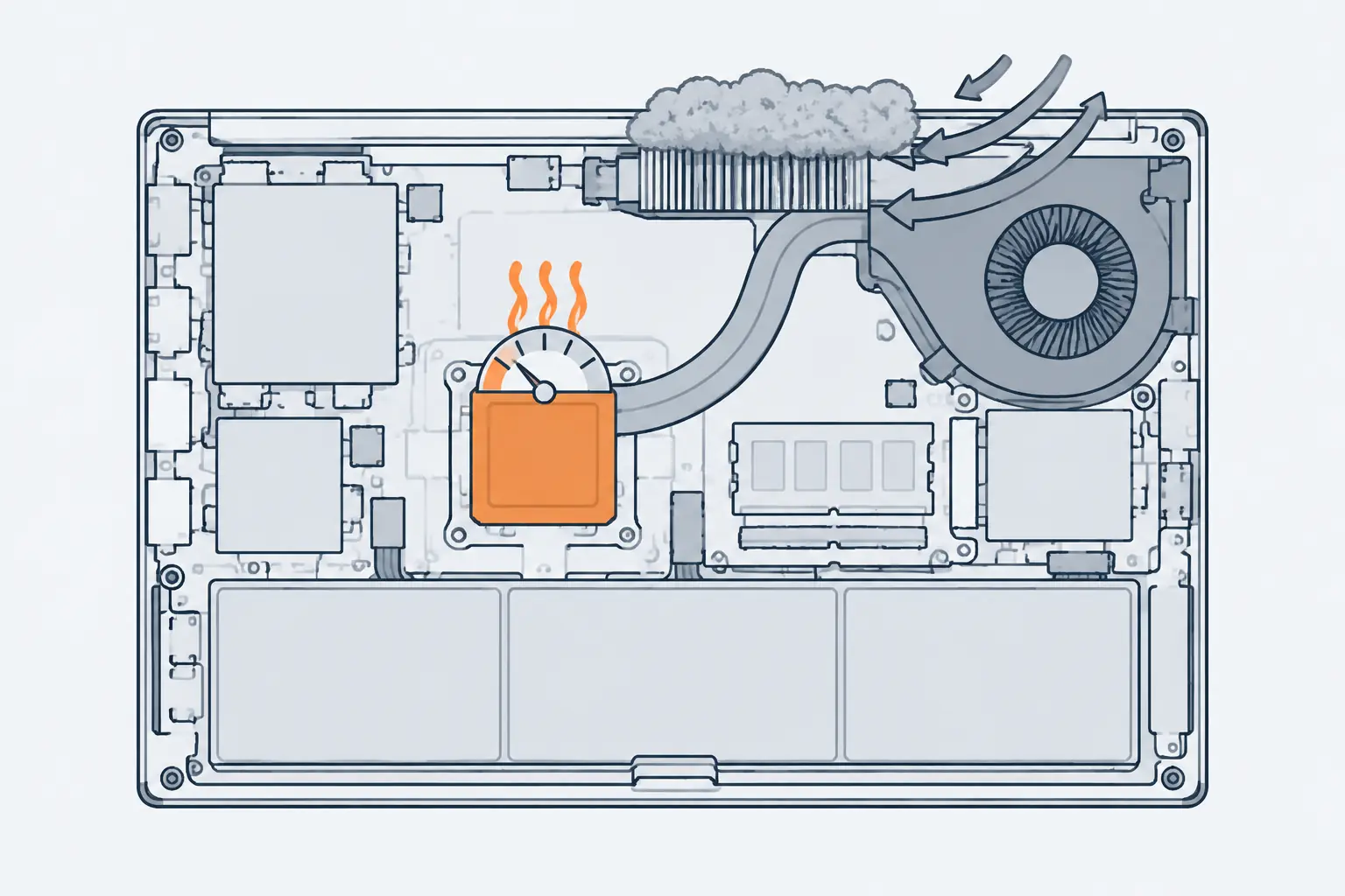 A laptop drawn open from above shows its processor, a heat pipe, cooling fins and a fan. Dust covers the fins, airflow arrows turn back inside, and a gauge on the orange processor points low.