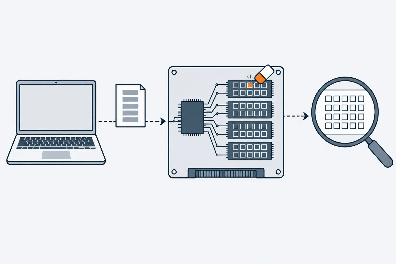 A laptop sends a slip listing freed blocks to its SSD. Inside the drive, a controller chip wipes one of those blocks, shown in orange, and a magnifying glass arriving later finds only empty blocks.