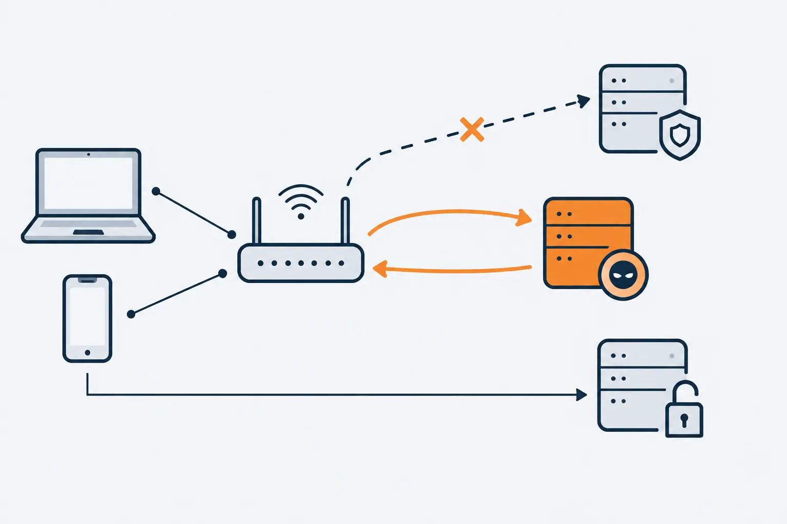 A laptop and a phone send a lookup to the home router, whose settings now point to an orange rogue DNS server instead of the usual resolver. Its answer leads the phone to a look-alike server with an open padlock.