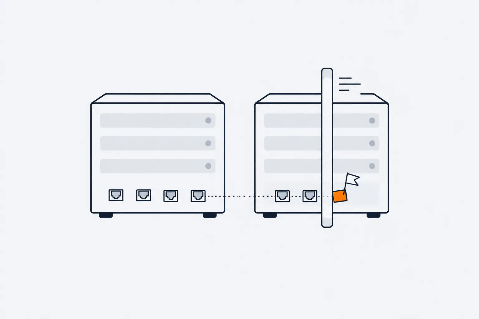Two matching server boxes side by side; a scanner light bar sweeps across the right-hand one, whose single solid orange port differs from its twin and is flagged by a dotted line.