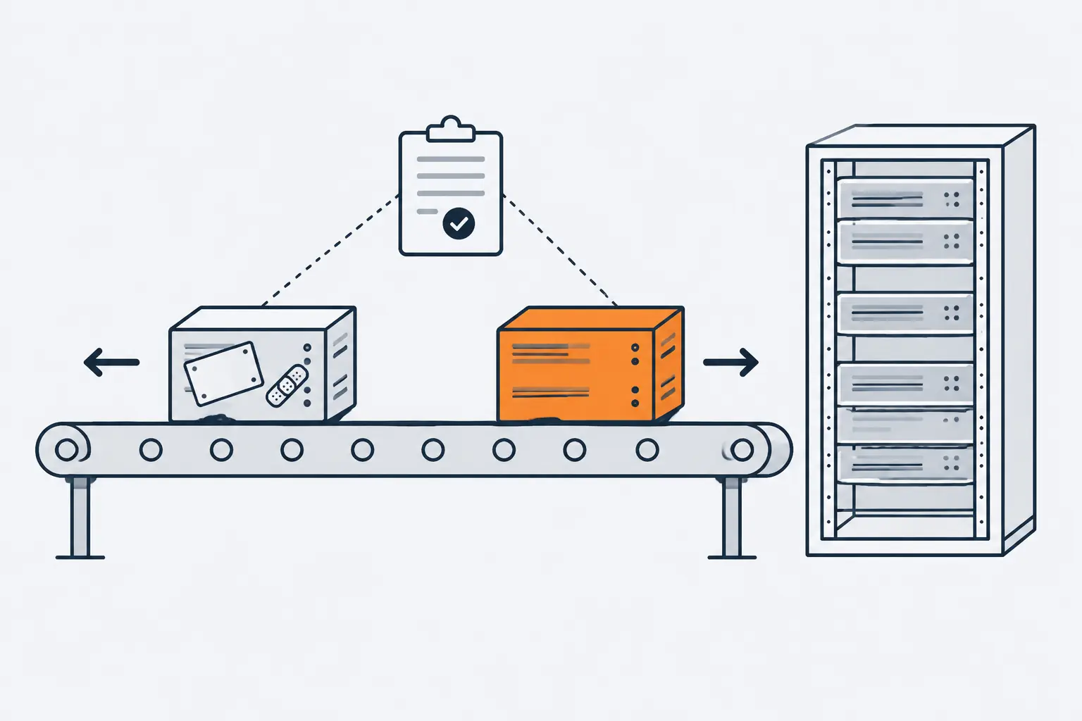 A conveyor belt swaps servers: an old server with a crooked patch plate slides away to the left while an identical solid orange server rides right, toward a waiting rack.