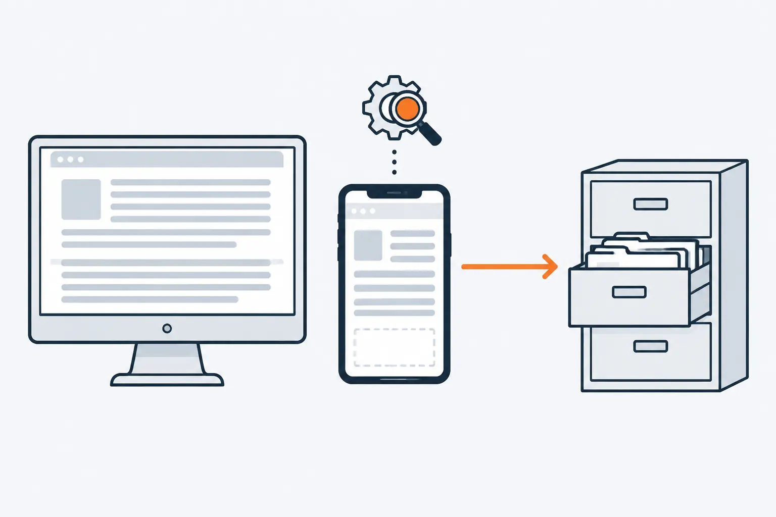 A crawler fetches the phone version of a page and carries it into a search index, while a block that exists only on the desktop version never reaches the index.