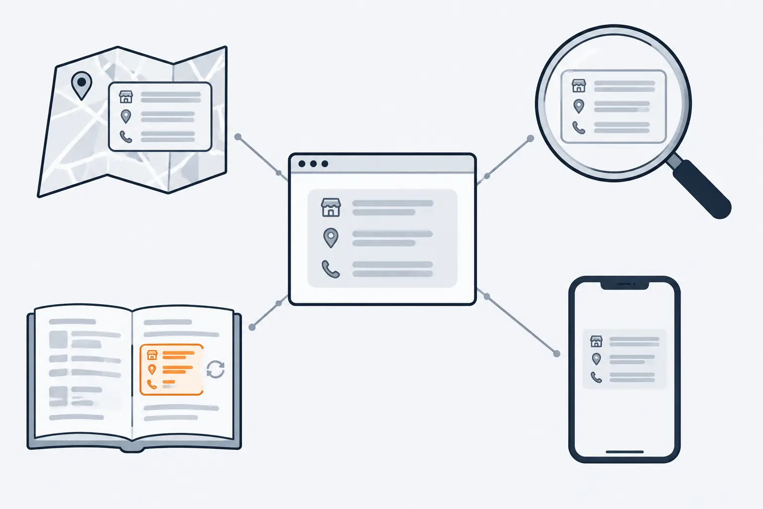 A website in the centre shares the same business card with a folded map, a search lens, a directory book and a phone. The copy on the directory book is orange: its phone line is out of date.
