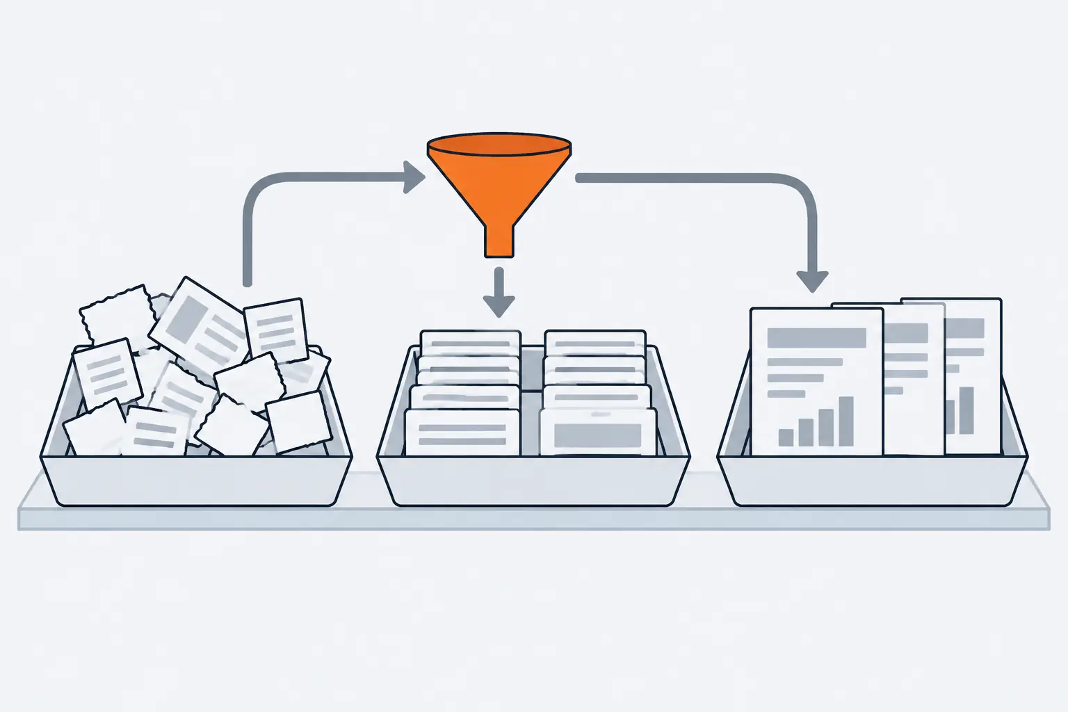 Three trays in a row hold cards that get tidier from left to right: a loose heap, sorted rows, then a few summary sheets. An orange funnel stands between the first two trays.
