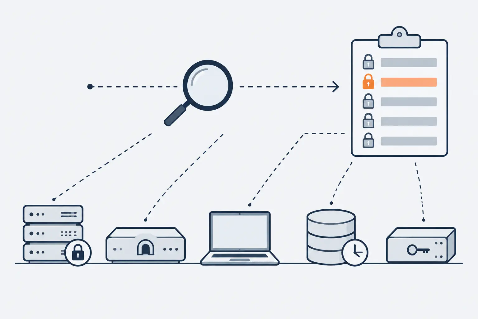 A magnifying glass moves along a row of devices: a web server, a VPN gateway, a laptop, a database and a hardware security module. Lines lead to a clipboard of rows, and the database's row is orange.