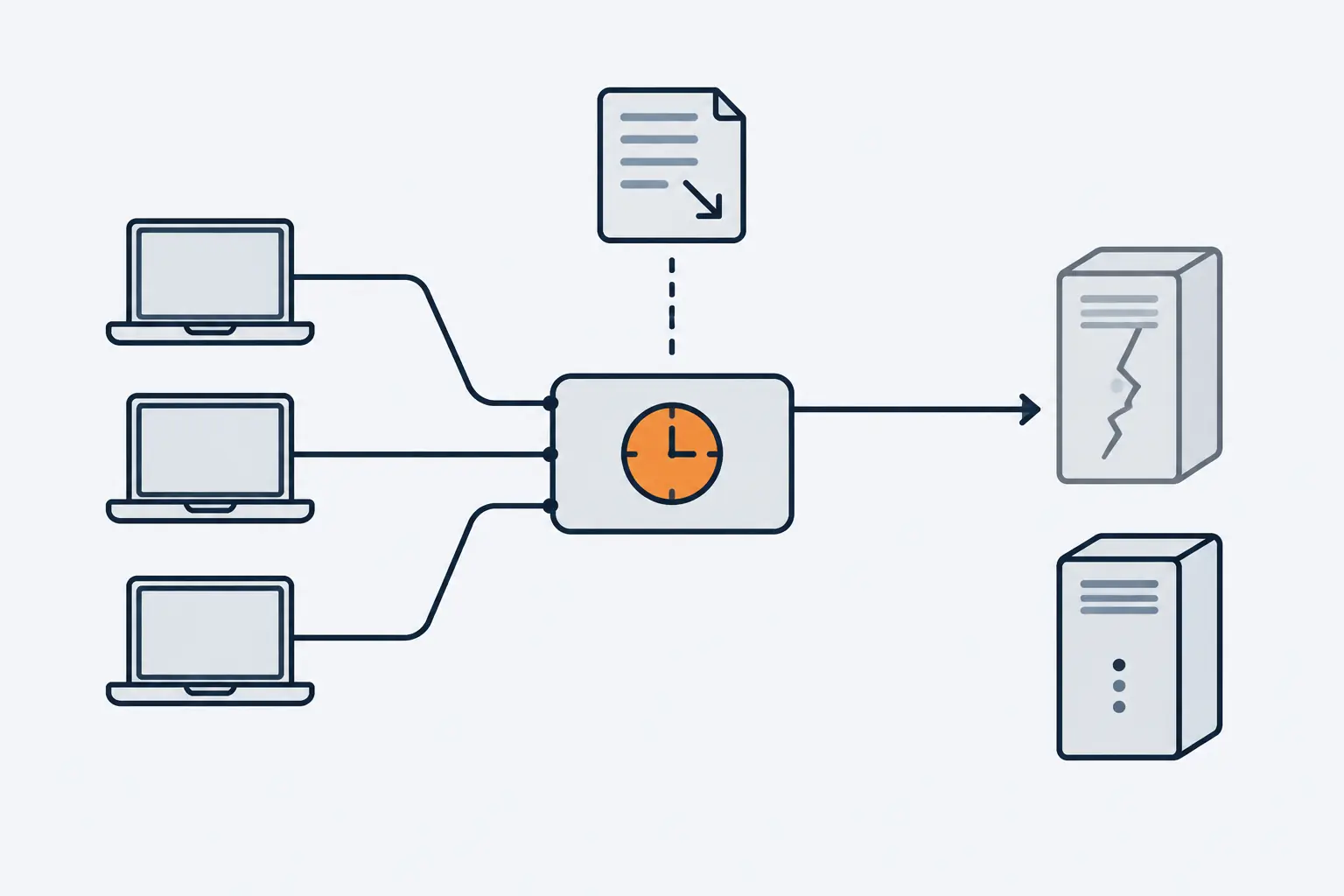 Three laptops reach a resolver box with an orange clock face, which still sends them to a cracked upper server. A new record pointing at the lower server floats above, its dashed line stopping short of the resolver.