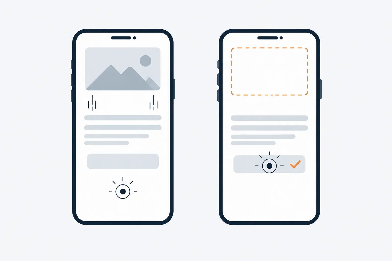 Two phones: on the left a late image pushes the text and button down so a tap lands on empty space; on the right an orange reserved box holds the image's space and the tap hits the button.