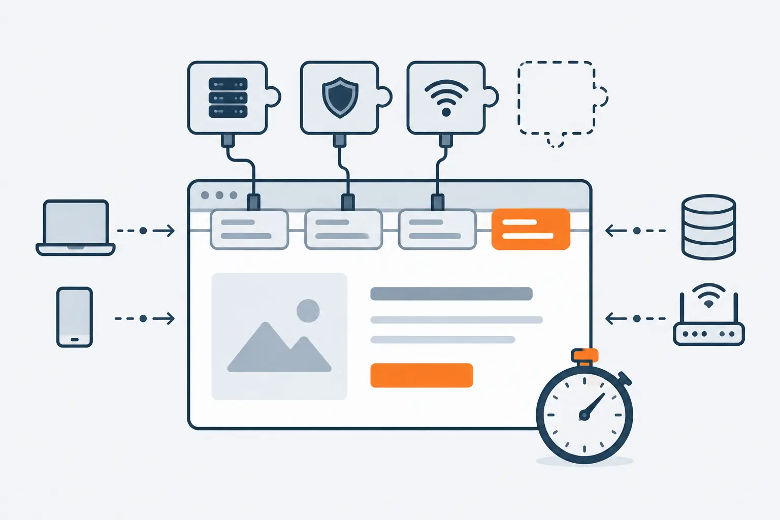 Three app modules are cabled to script blocks plugged into a store page. A fourth block, in orange, has no app left above it but is still plugged in, next to a stopwatch.