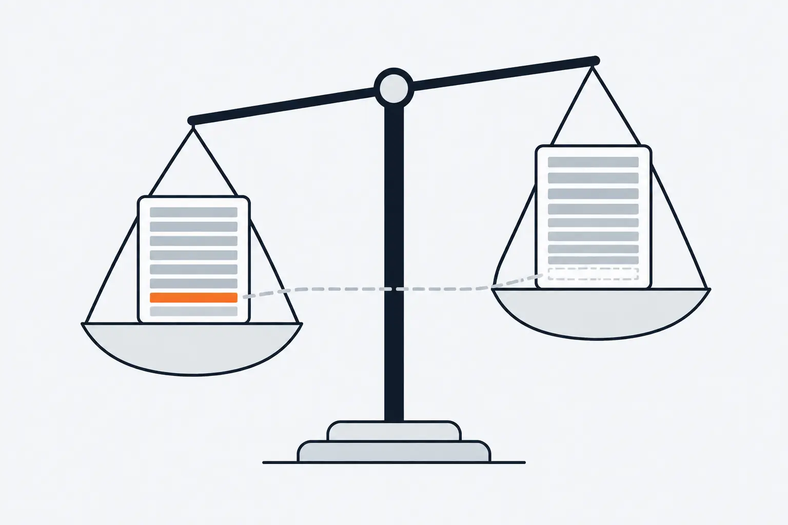A balance scale holds two ledger pages made of grey bars, one in each pan. One bar in the left ledger is orange and has no matching bar in the right ledger.