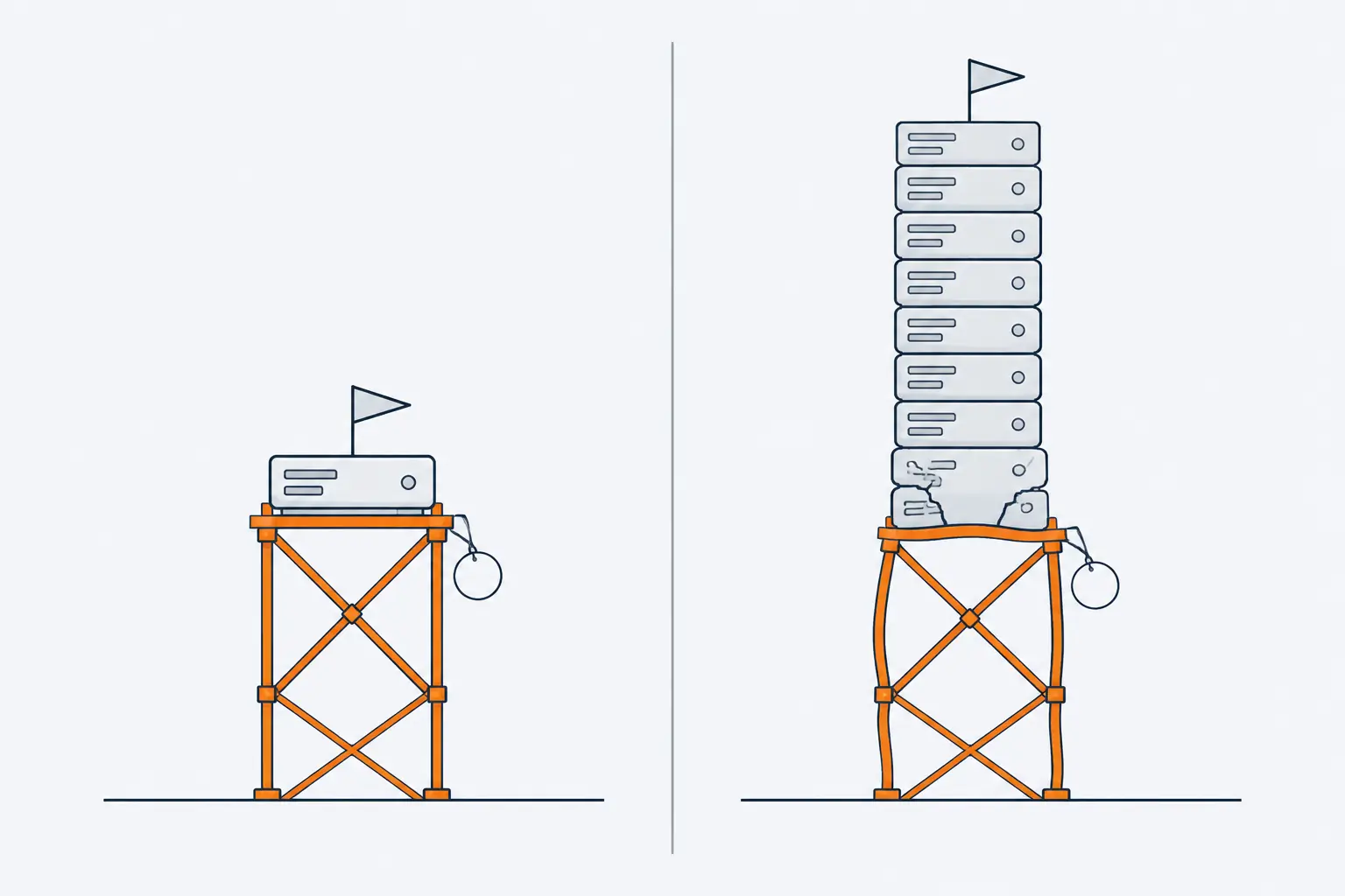 Two panels. Left: a thin orange scaffold holds one small block, with a pennant and a blank tag. Right: the same scaffold sits under a tall stack of blocks, its poles bowing, two blocks above it cracked.