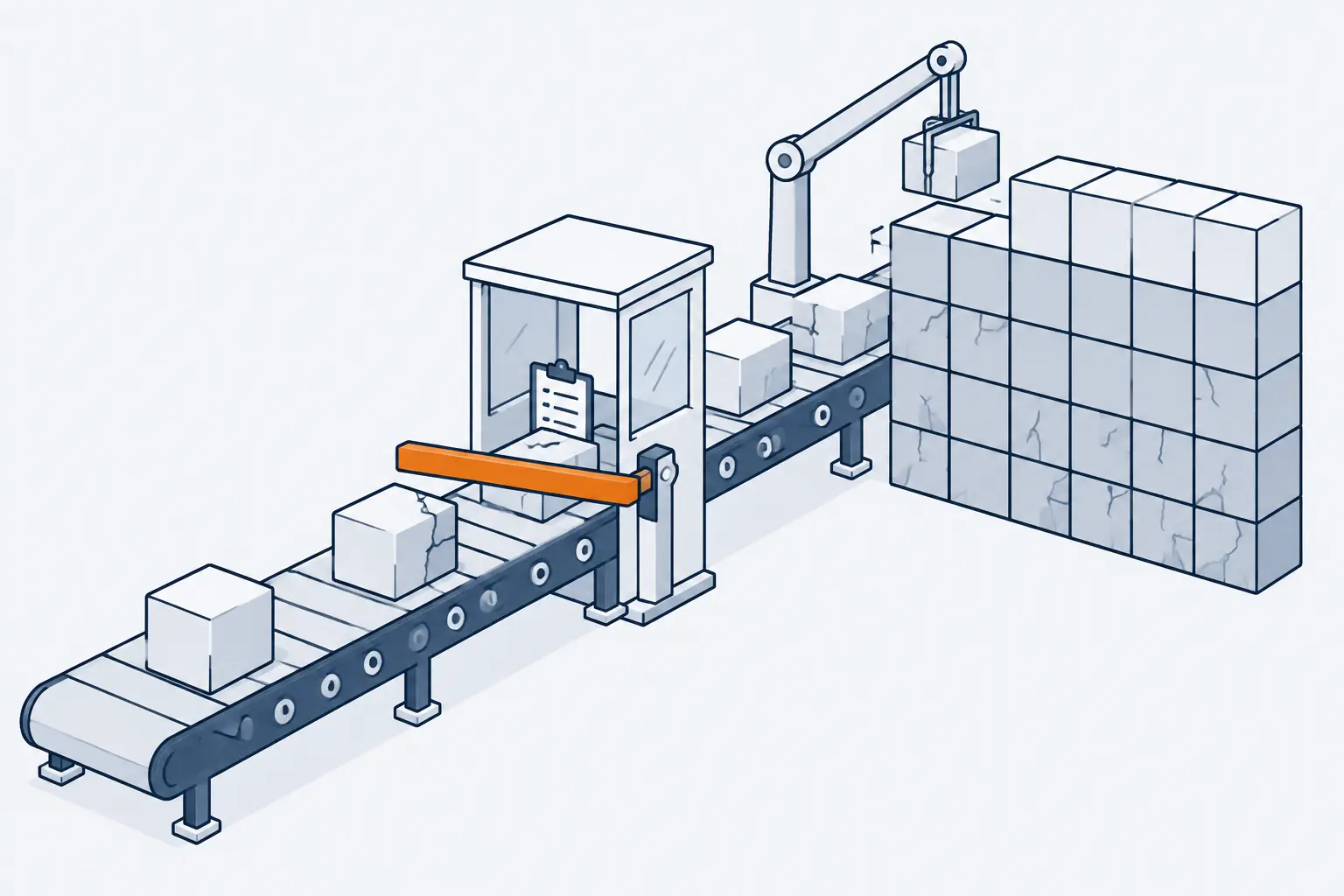 A conveyor carries new blocks toward a wall of old grey code blocks, some cracked. A check-post's orange barrier arm lies across the belt in front of a cracked new block; smooth blocks pass on to the wall.