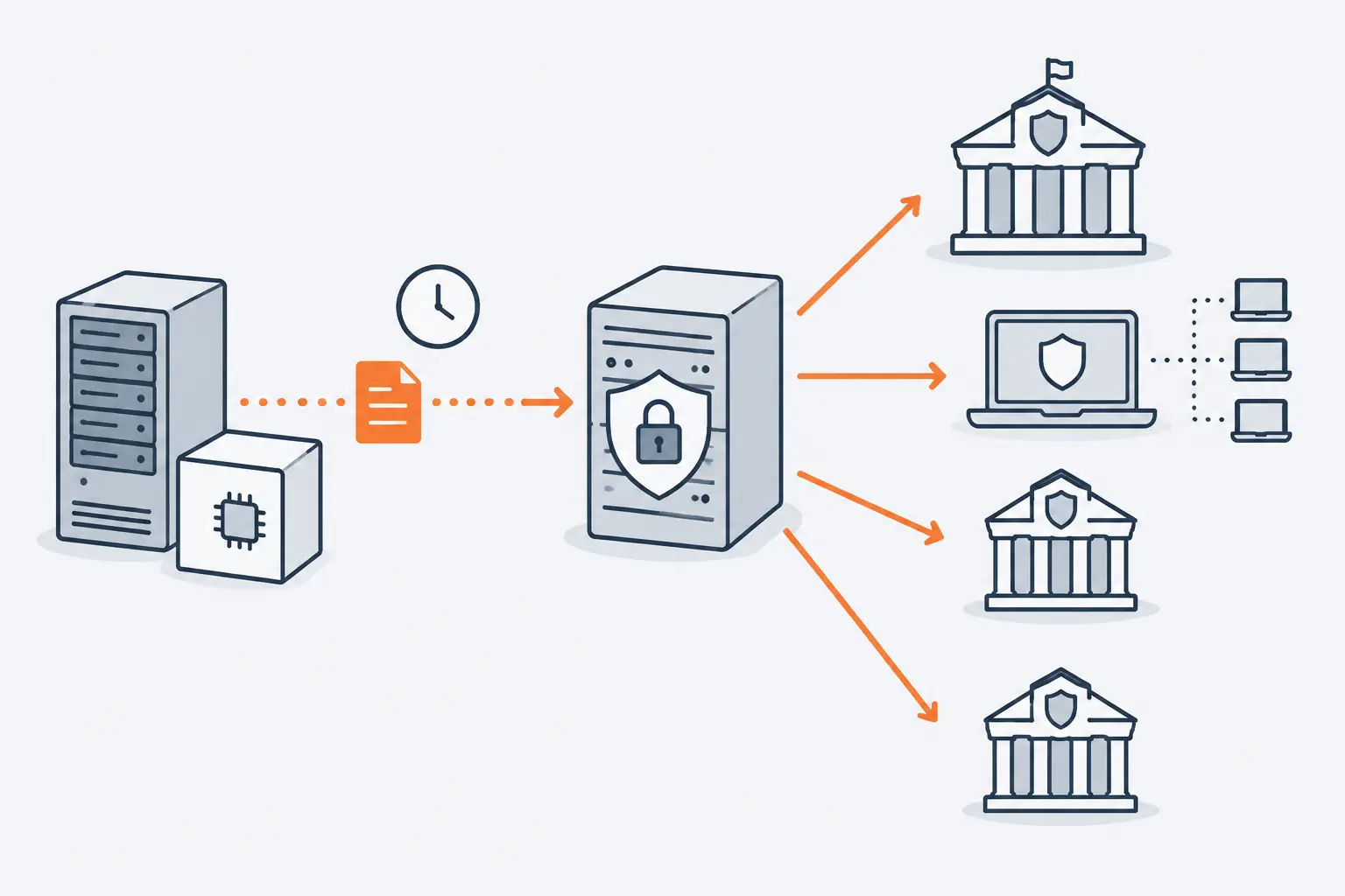 A manufacturer's server beside a boxed product sends one orange report to a central platform, which passes it to several national response teams and an EU agency. A clock sits above the first arrow.