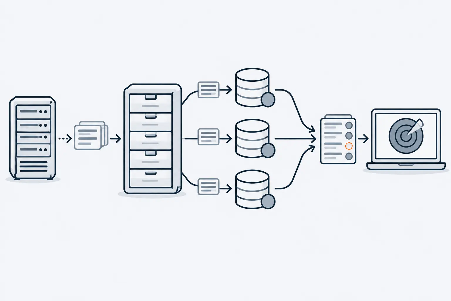 Vulnerability records travel from a vendor's server through a central list to three databases and on to a scanner. One record arrives with an empty orange slot where its score should be.