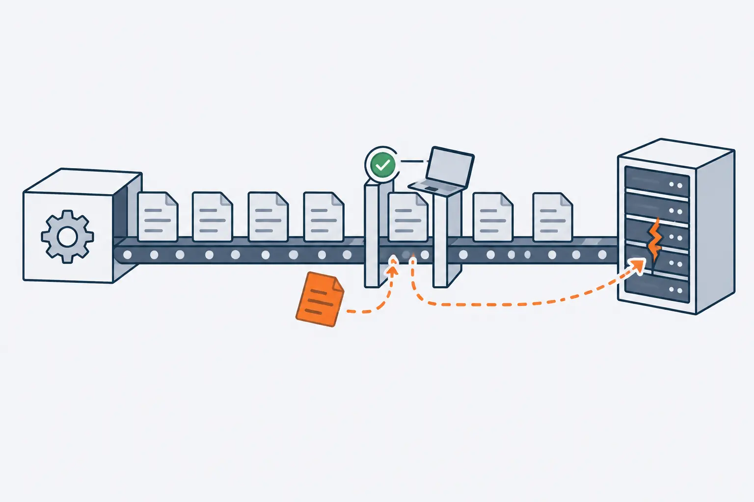 A gear box sends many change documents along a conveyor to a gate with a check mark and a reviewing laptop. Changes queue at the gate, and one orange change slips around it to a cracked server.