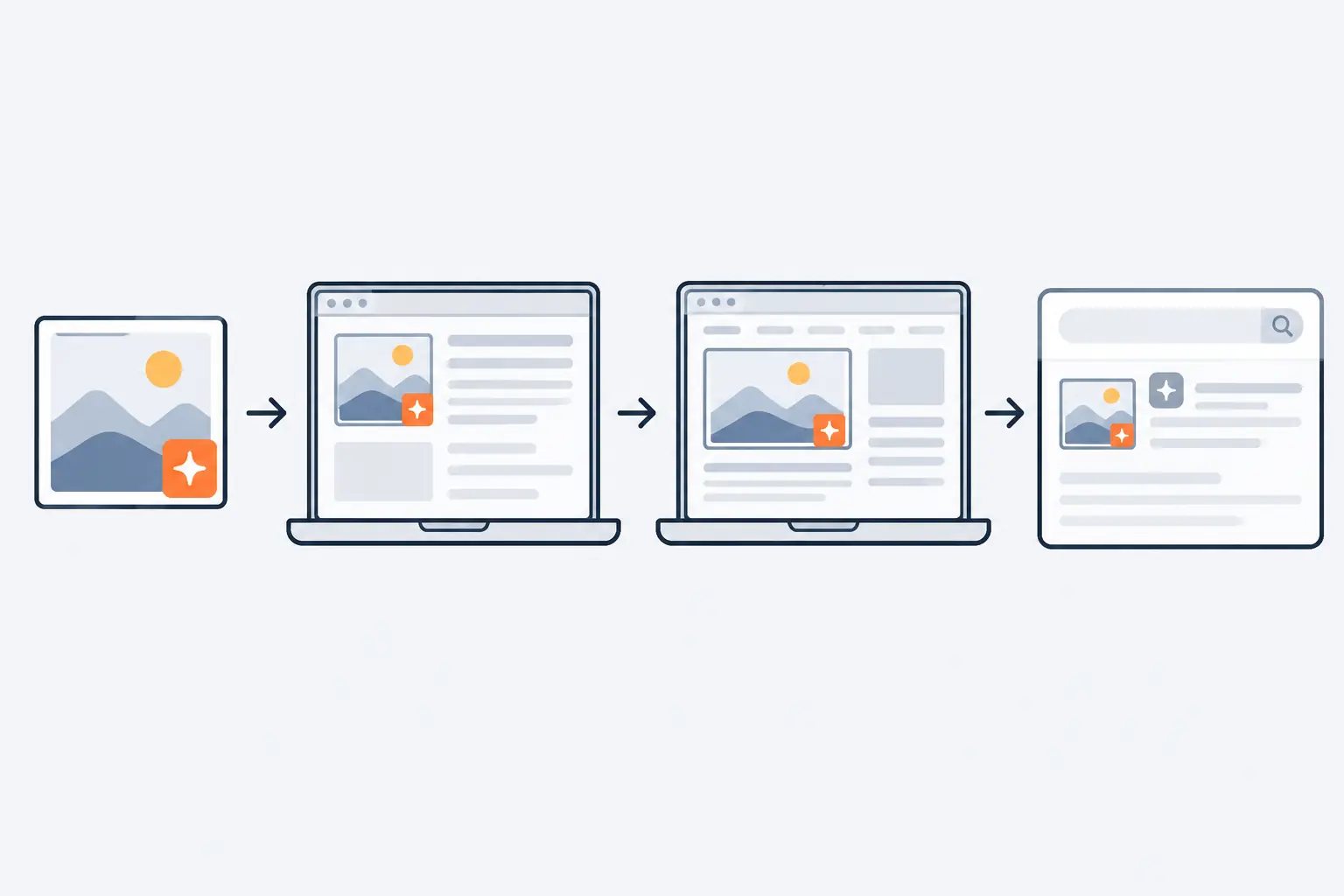 An image file with an orange tag embedded in its corner moves into one web page, then another, and reaches a search result card that shows a small badge beside the picture.