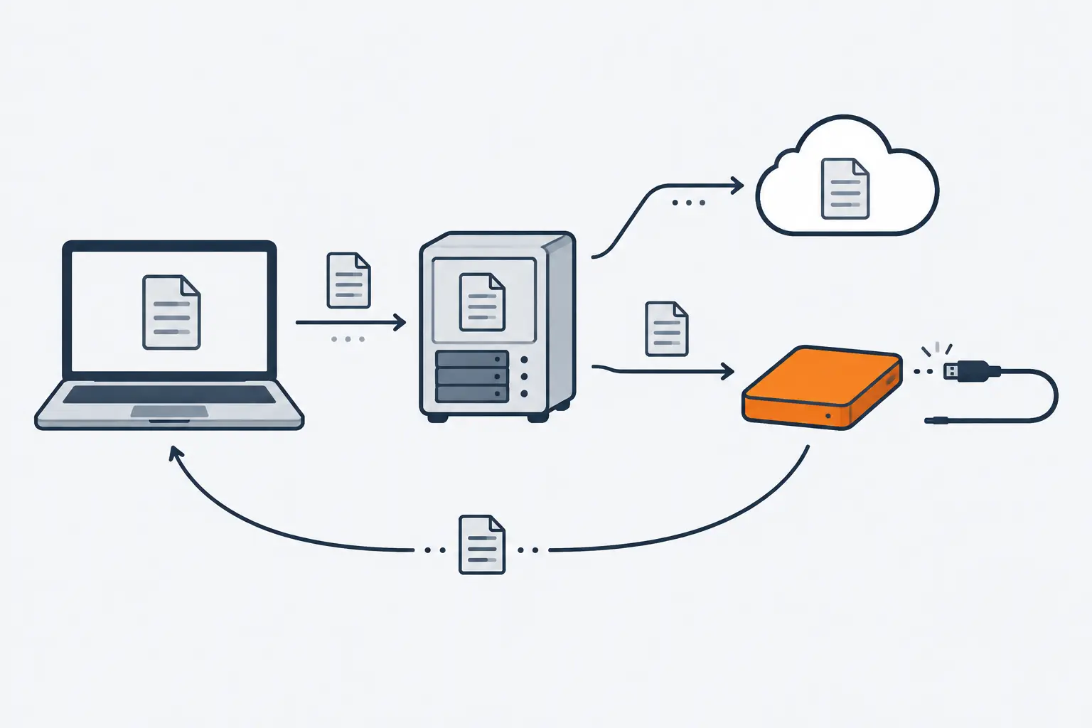 A laptop and a small server copy documents to a cloud and to an orange external drive that sits unplugged, apart from them. A curved arrow brings one document back from the drive to the laptop.