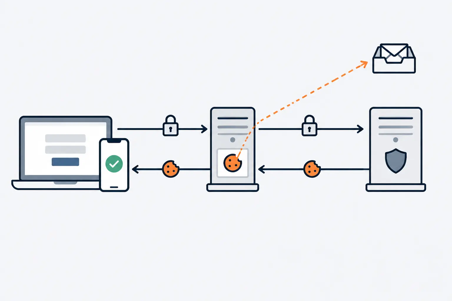 A laptop signs in through a proxy server to a real sign-in server, with a phone approving the login. The server sends back a cookie token, and the proxy keeps an orange copy of it.