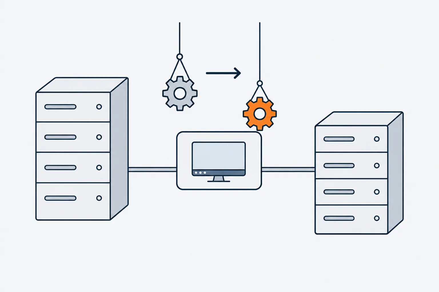 A virtual machine box crosses a bridge from one hypervisor platform to another while a gear-shaped driver part is lifted out and a new one, drawn in orange, is lowered in.