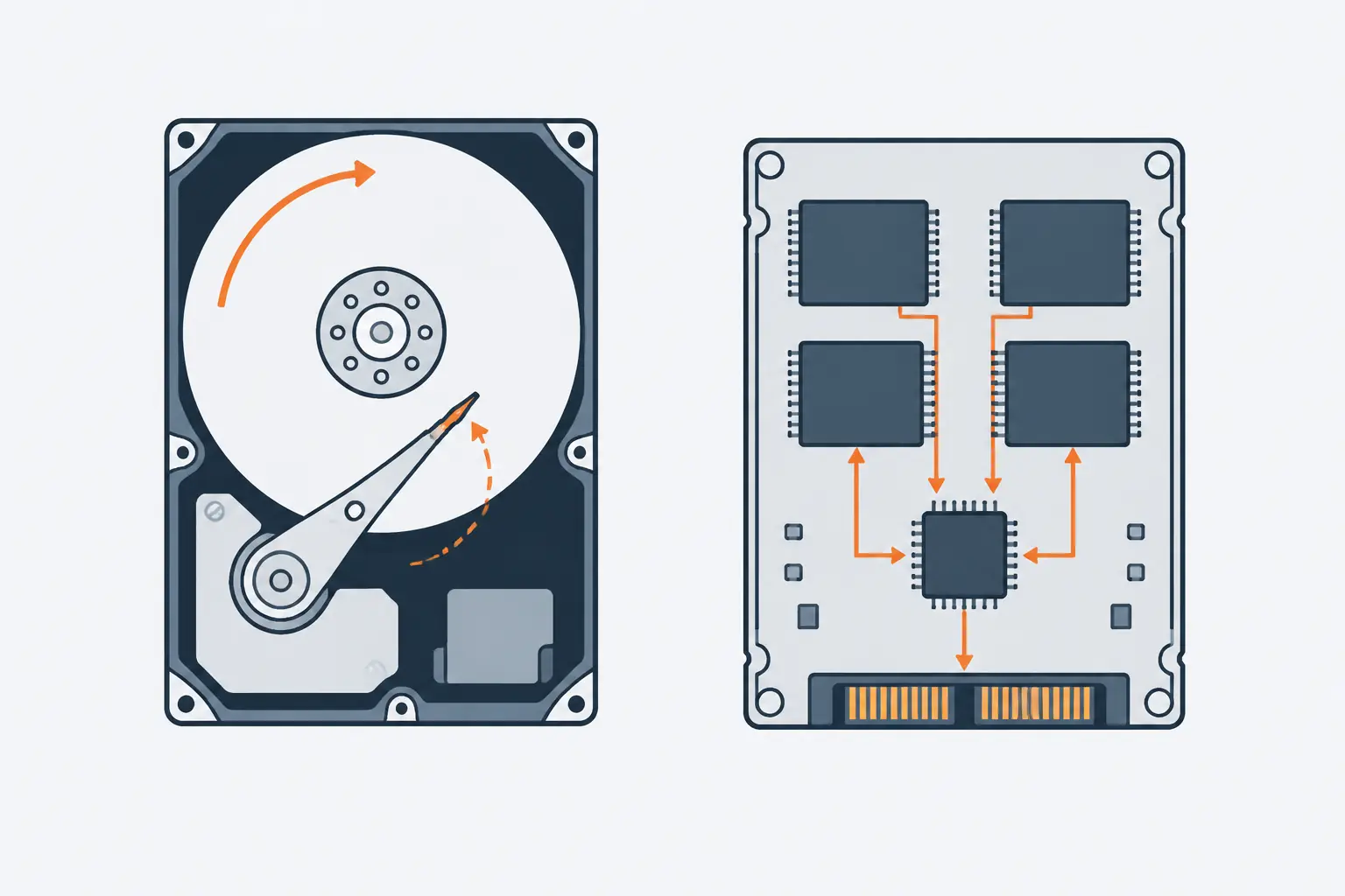 A hard disk drive with its cover off, where orange arrows mark the platter spinning and the arm swinging to a track, beside a solid-state drive whose memory chips wire straight to a controller, with no moving parts.