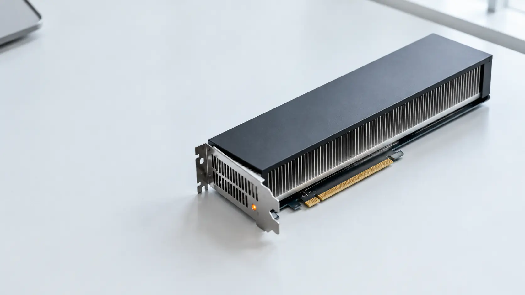 A data-centre GPU accelerator card with a finned heatsink on a pale workbench, its one status light glowing orange.