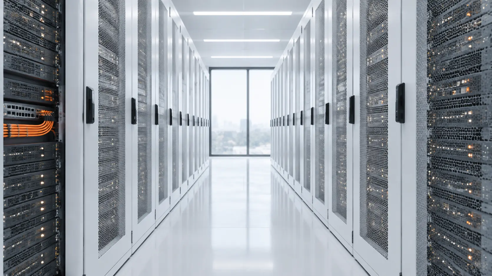 A bright data-centre aisle lined with white server racks, a few indicator lights glowing orange.