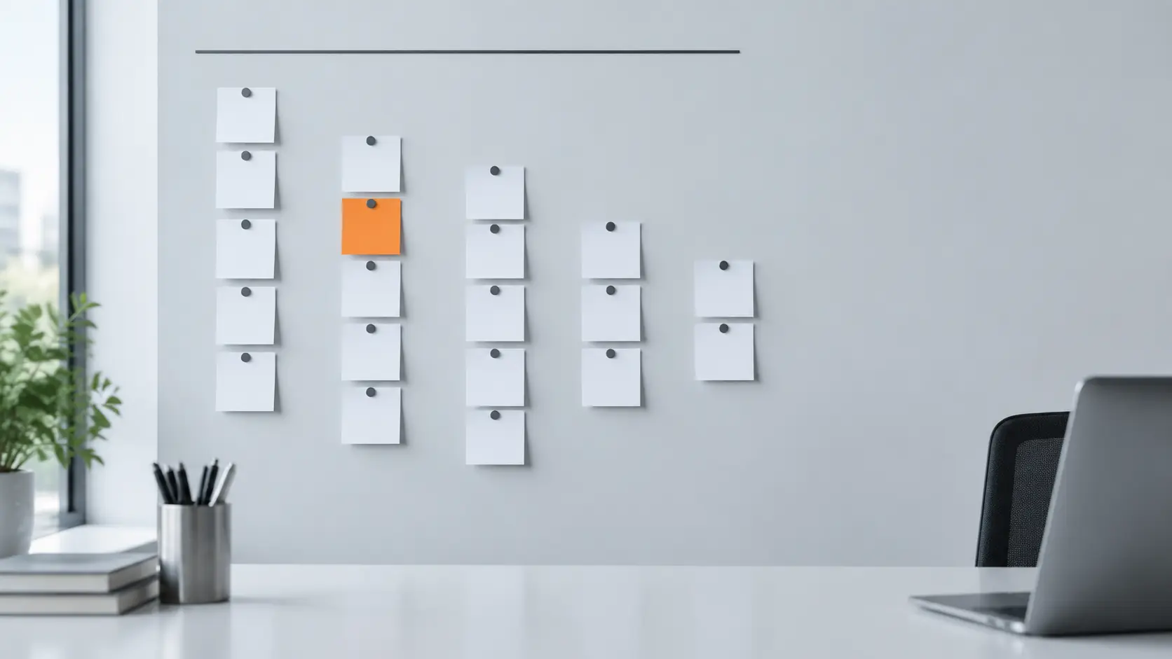 Blank index cards pinned in neat columns on a pale wall, like a planning board, one card orange.