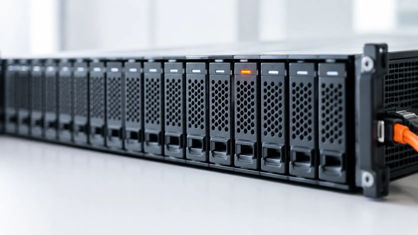 Close-up of hot-swap NVMe drive sleds in a storage server, one activity light glowing orange.