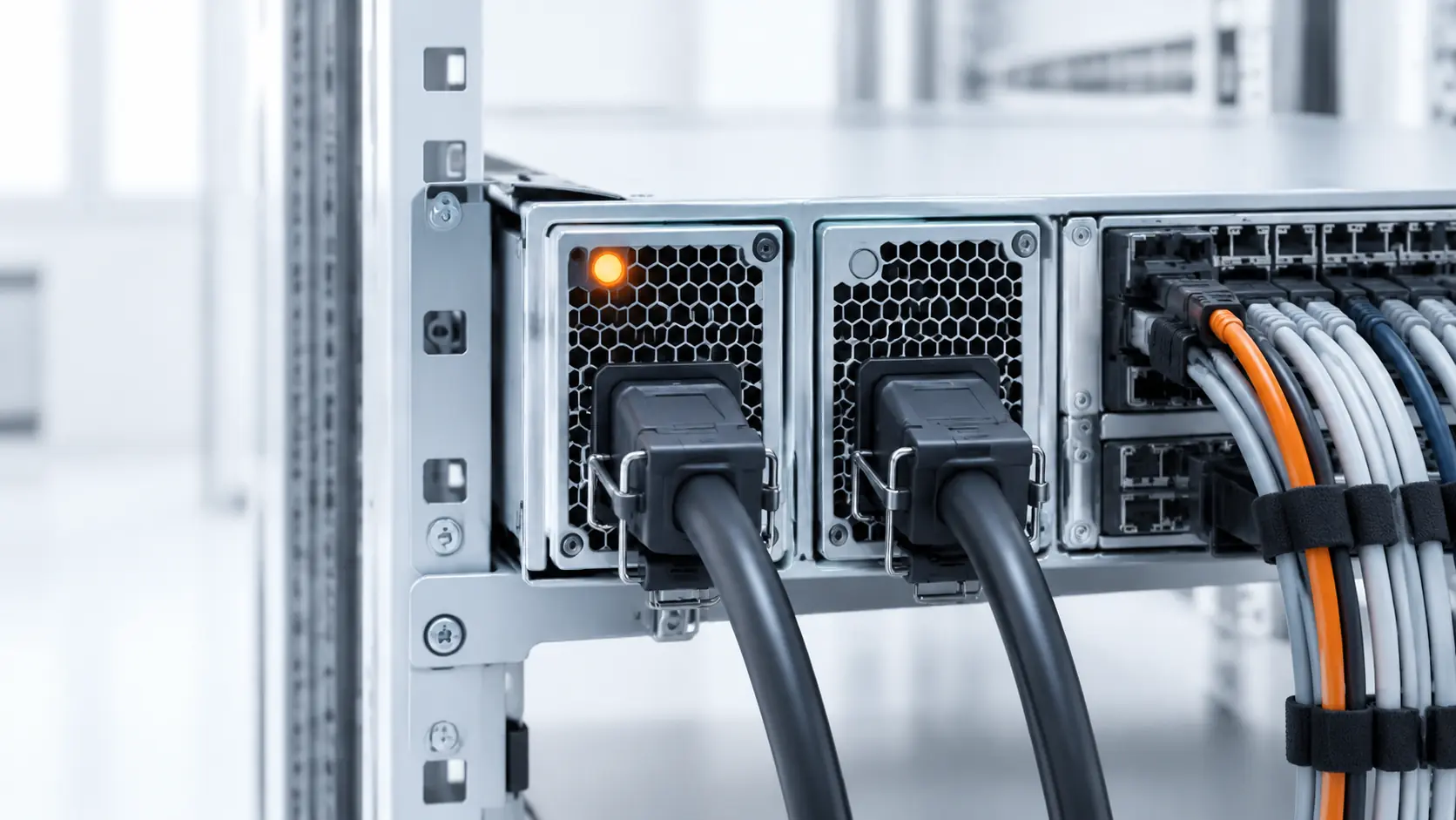 The rear of a rack server with two redundant power supplies and neatly bundled cables, one status light glowing orange.
