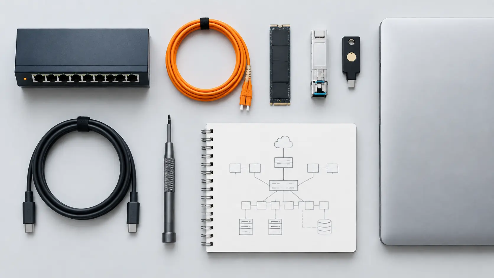 An IT engineer's kit laid out on a pale grey surface in a precise grid: a small network switch, a fibre patch cable with an orange connector, an NVMe drive, a hardware security key and a closed laptop.
