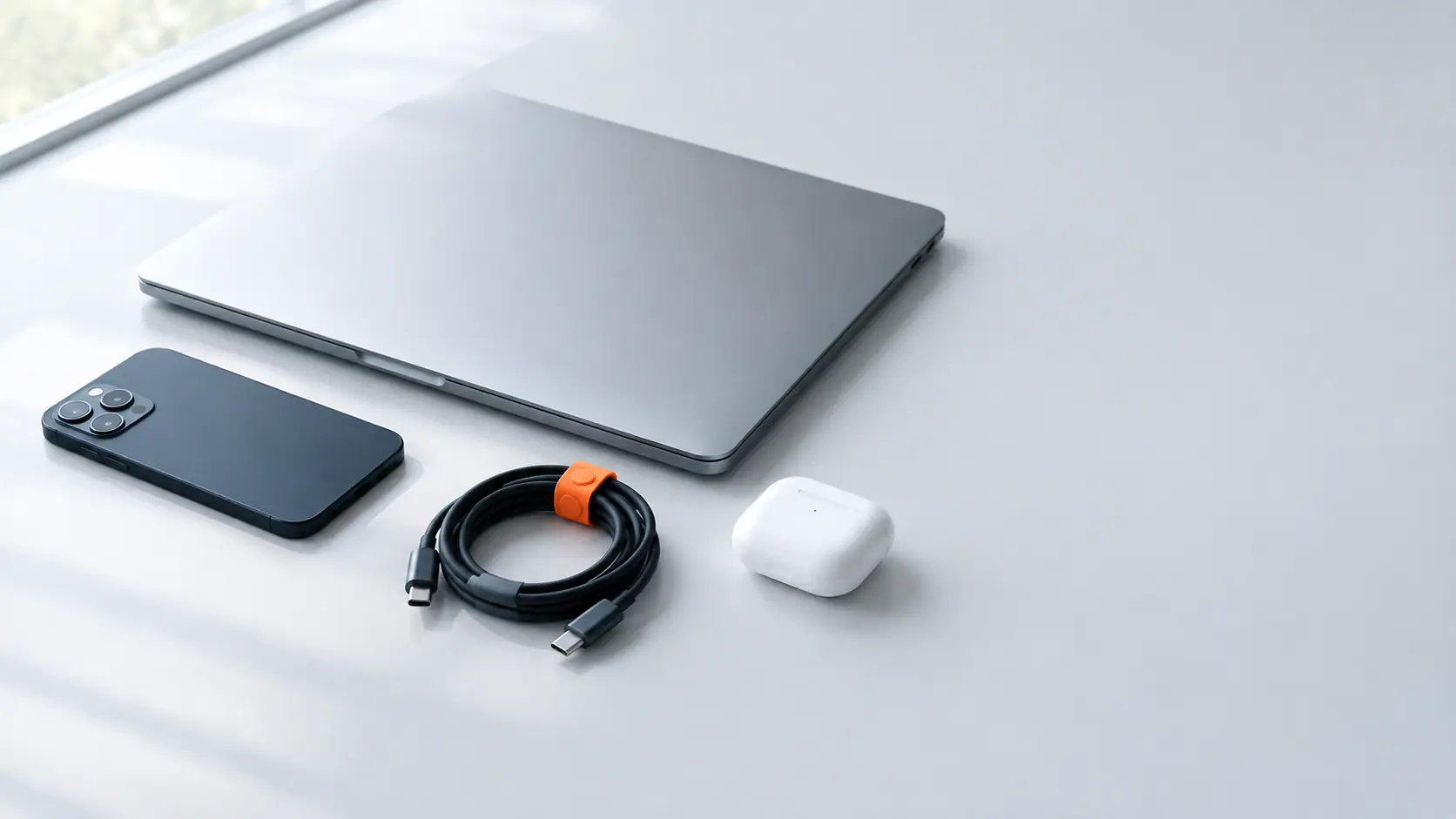 A new starter's kit prepared on a pale desk: a closed laptop, a phone, a coiled charging cable and earbuds, with an orange cable tie.